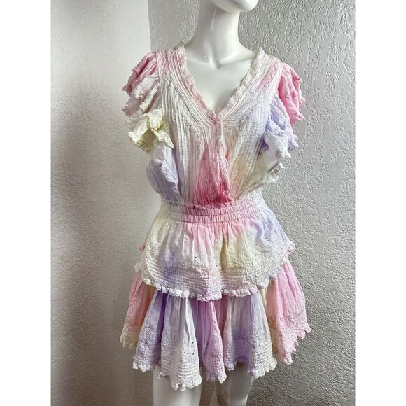 LoveShackFancy  Gwen Dress Multi Tie Dye Pastel Eyelet Lace Ruffles Sz XS - Picture 3 of 9